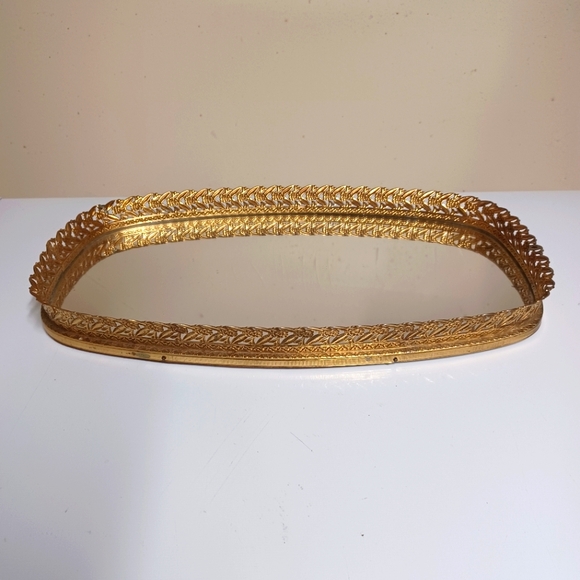 Vintage Other - Vintage Filigree Rectangle Gold Metal Vanity Mirror Tray Hollywood Regency 14"